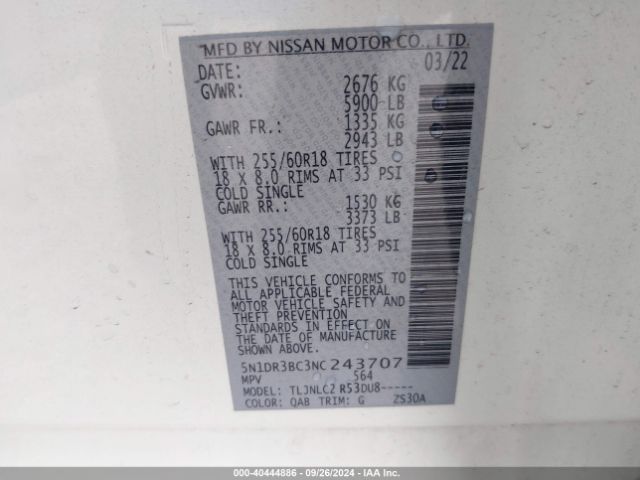 5N1DR3BC3NC243707 Nissan Pathfinder Sv 4wd