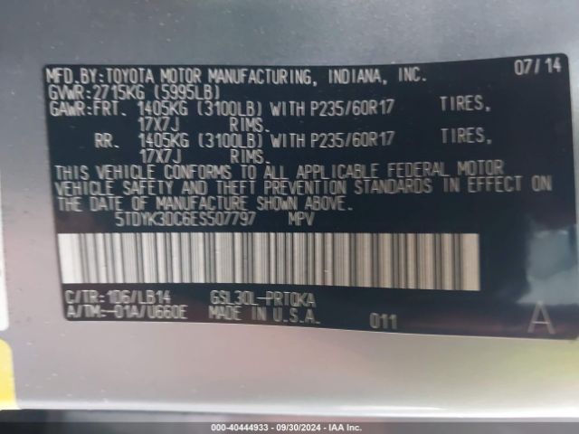 5TDYK3DC6ES507797 Toyota Sienna Xle V6 8 Passenger
