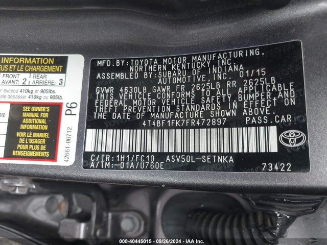 Toyota CAMRY LE 2015 4T4BF1FK7FR472897 Image 9
