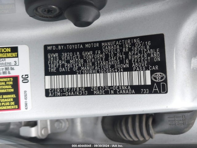 Toyota COROLLA LE 2016 2T1BURHE1GC685434 Image 9