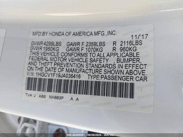Honda ACCORD LX 2018 1HGCV1F19JA036416 Image 9