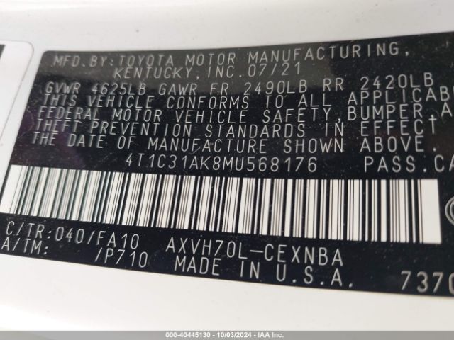 4T1C31AK8MU568176 Toyota Camry Le Hybrid