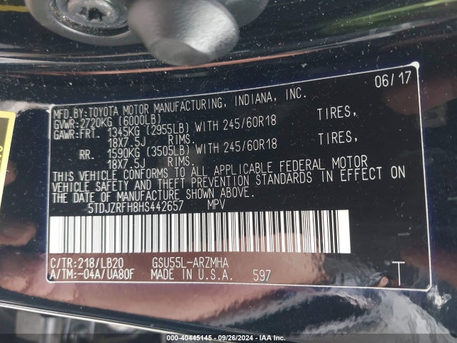 Toyota Highlander Xle 2017 5TDJZRFH8HS442657 Image 9