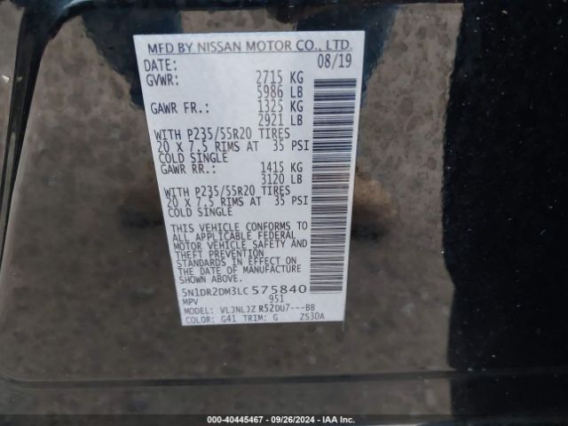 5N1DR2DM3LC575840 Nissan Pathfinder Platinum 4wd