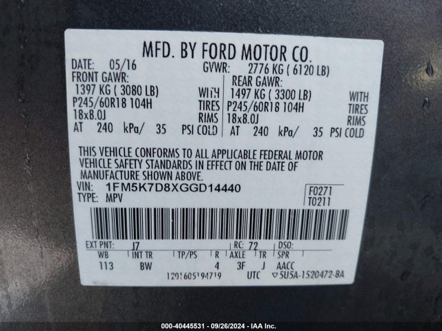 Ford EXPLORER XLT 2016 1FM5K7D8XGGD14440 Image 9