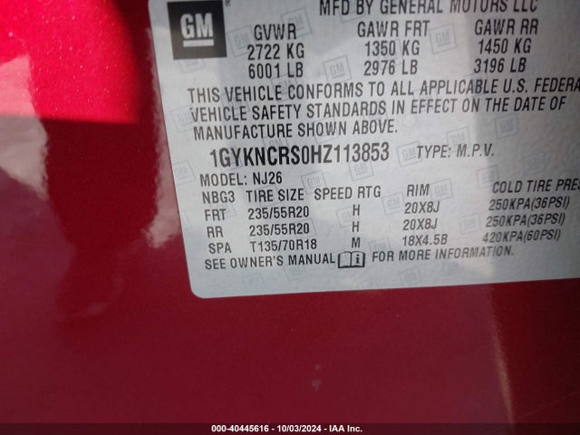 1GYKNCRS0HZ113853 Cadillac Xt5 Premium Luxury