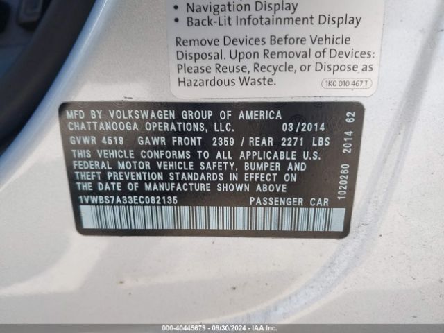 1VWBS7A33EC082135 Volkswagen Passat 1.8t Se