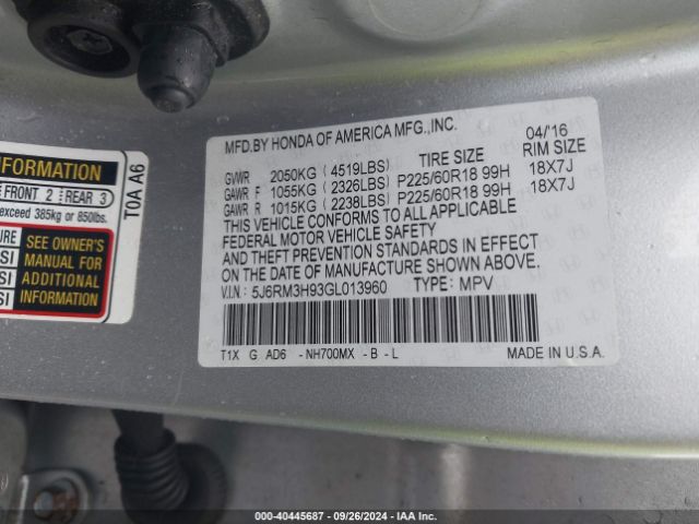 5J6RM3H93GL013960 Honda Cr-v Touring