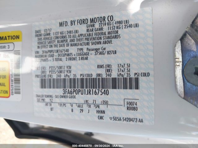 3FA6P0PU1JR167540 Ford Fusion Energi Se Luxury