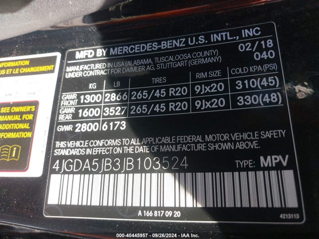 4JGDA5JB3JB103524 Mercedes-Benz GLE 350