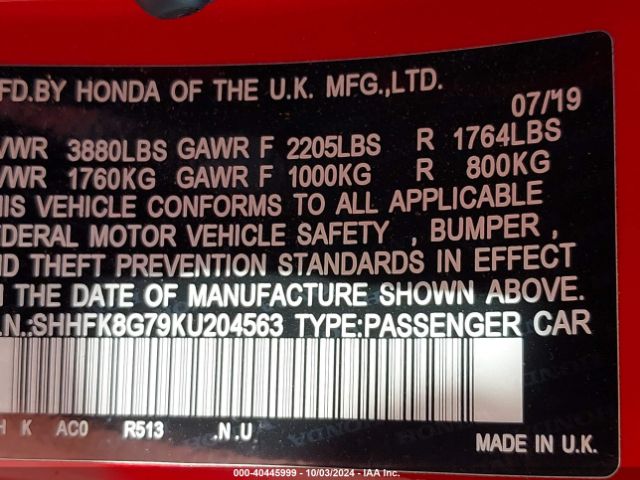 SHHFK8G79KU204563 Honda Civic Type R Touring