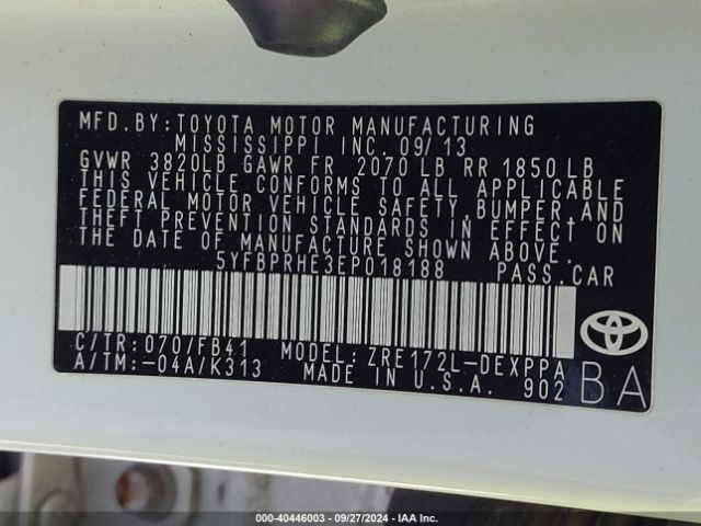 5YFBPRHE3EP018188 Toyota Corolla Le Eco Plus