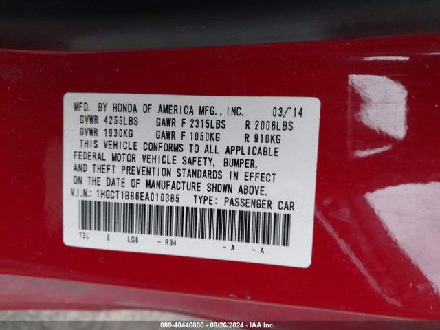Honda Accord Ex-l 2014 1HGCT1B86EA010385 Image 9