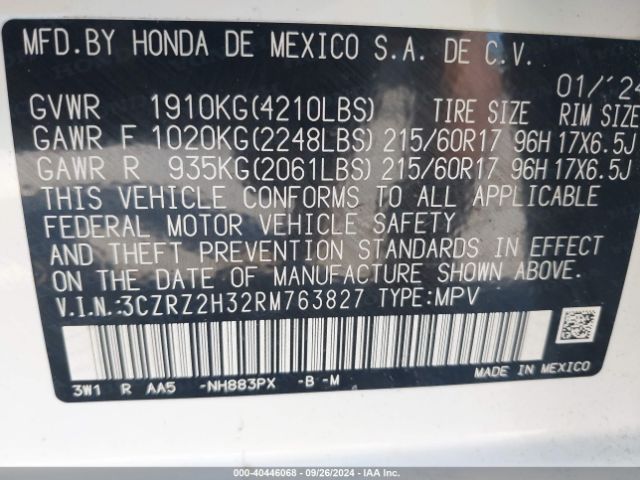 3CZRZ2H32RM763827 Honda Hr-v Awd Lx