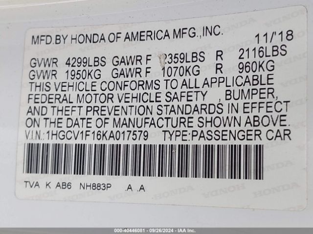 1HGCV1F16KA017579 Honda ACCORD LX