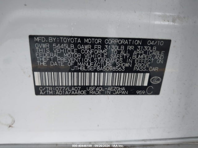 Продажа на аукционе авто 2010 Lexus Ls 460, vin: JTHBL5EF8A5098563, номер лота: 40446109