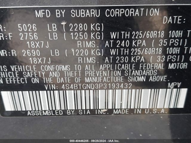 4S4BTGND3P3193432 Subaru Outback Limited Xt
