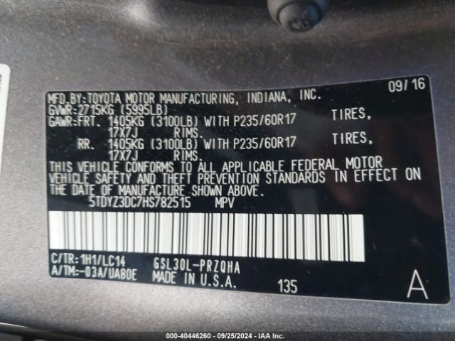 5TDYZ3DC7HS782515 Toyota Sienna Xle 8 Passenger