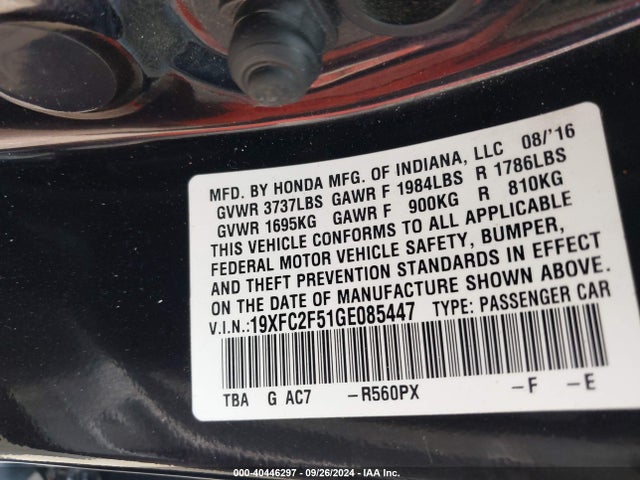 Honda Civic Lx 2016 19XFC2F51GE085447 Image 9