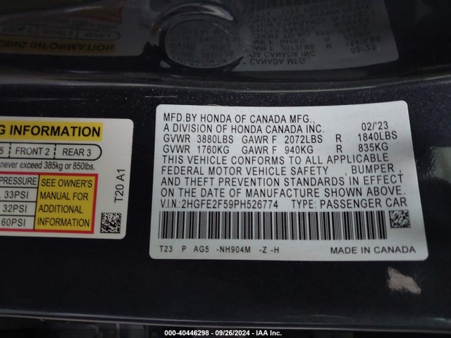 Honda Civic Sport 2023 2HGFE2F59PH526774 Image 9