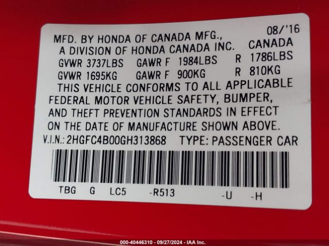 2HGFC4B00GH313868 Honda Civic Lx-p