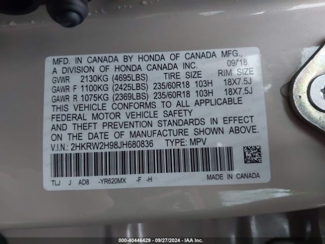 2HKRW2H98JH680836 Honda Cr-v Touring