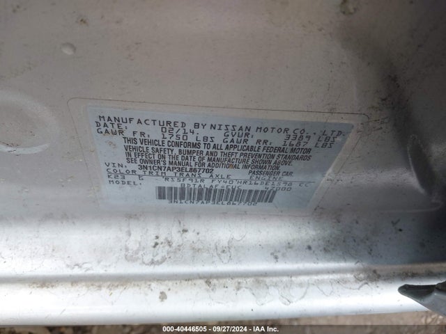 Nissan Versa 1.6 S 2014 3N1CN7AP3EL867702 Image 9