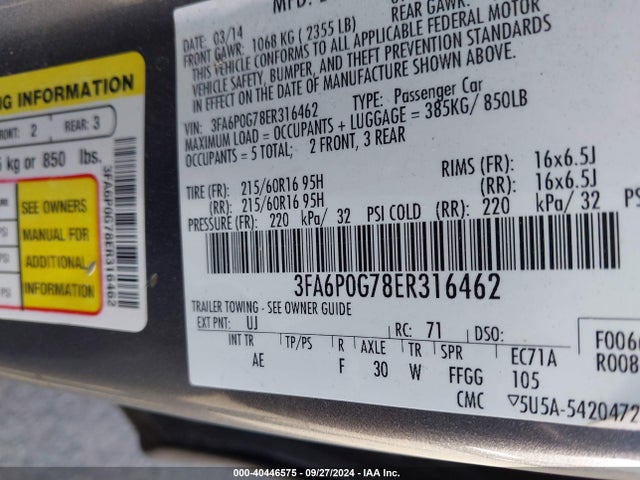 Ford FUSION S 2014 3FA6P0G78ER316462 Image 9