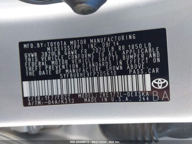 5YFBURHE9FP205610 Toyota Corolla S