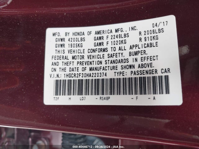 Honda ACCORD LX 2017 1HGCR2F30HA220374 Image 9