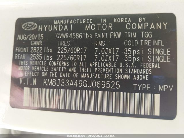 KM8J33A49GU069525 Hyundai TUCSON SE
