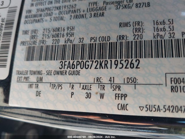 Ford FUSION S 2019 3FA6P0G72KR195262 Image 9