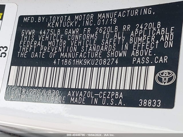4T1B61HK9KU208274 Toyota a25a-fks
