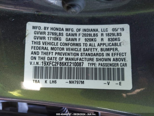 Honda Civic Sport 2019 19XFC2F86KE210087 Image 9