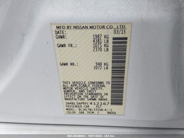 1N4BL3AP9FC412167 Nissan Altima 3.5 Sl