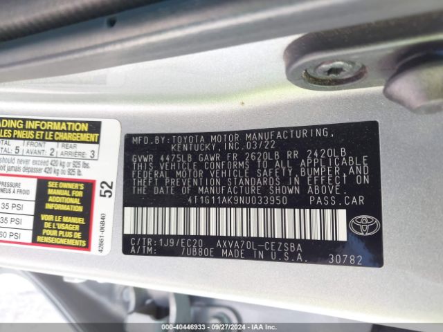 4T1G11AK9NU033950 Toyota Camry Se Nightshade Edition