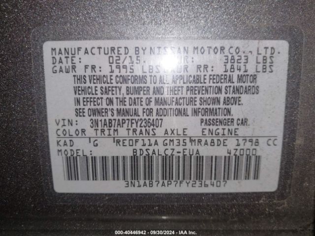 3N1AB7AP7FY236407 Nissan Sentra Fe+ S/s/sl/sr/sv