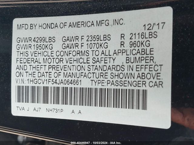 1HGCV1F54JA064661 Honda Accord Ex-l