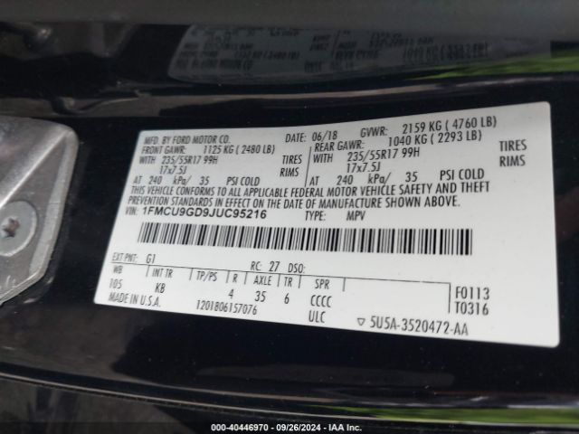1FMCU9GD9JUC95216 Ford ESCAPE SE