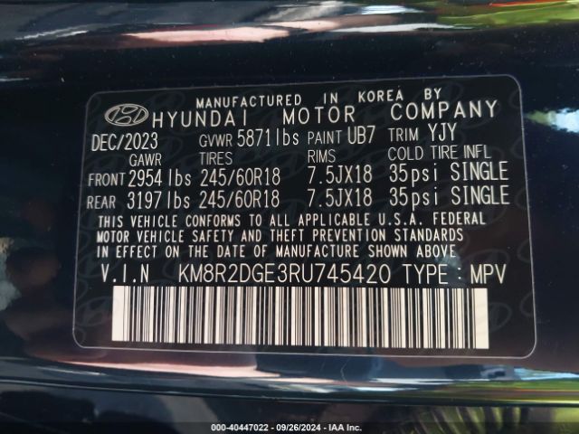 KM8R2DGE3RU745420 Hyundai Palisade Sel