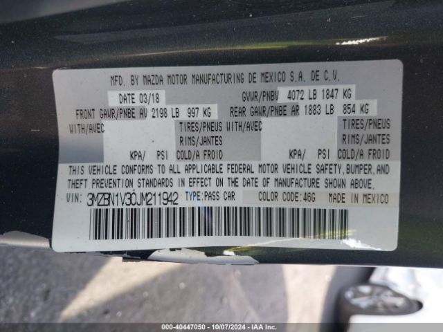 3MZBN1V30JM211942 Mazda Mazda3 Touring