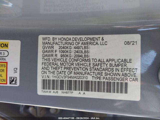 1HGCV3F94MA020310 Honda Accord Hybrid Touring
