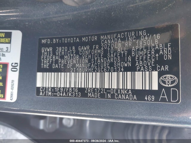 Toyota COROLLA LE 2016 2T1BURHE2GC670134 Image 9