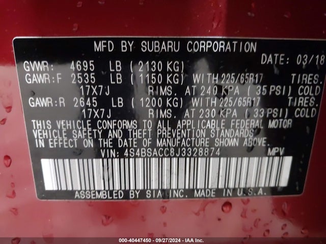 Subaru Outback 2.5i Premium 2018 4S4BSACC8J3328874 Image 9