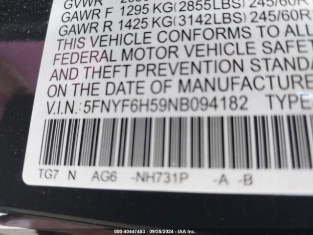 5FNYF6H59NB094182 Honda Pilot Awd Ex-l