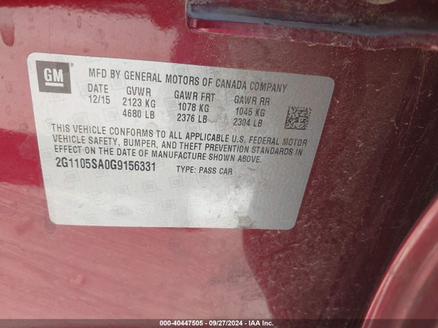 Chevrolet IMPALA 1LT 2016 2G1105SA0G9156331 Image 9