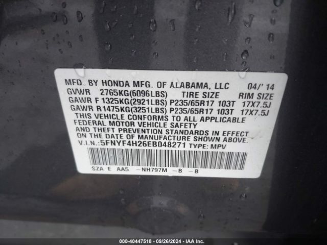 5FNYF4H26EB048271 Honda PILOT LX