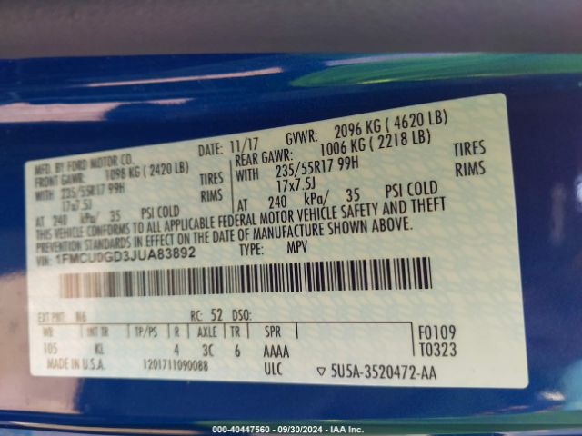 1FMCU0GD3JUA83892 Ford ESCAPE SE