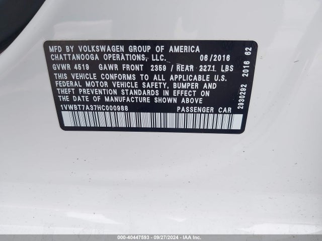 Volkswagen Passat 1.8t Se 2017 1VWBT7A37HC000988 Image 9