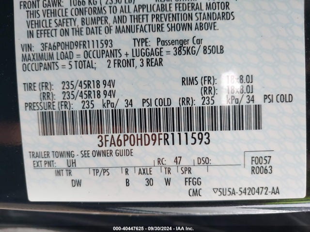 Ford FUSION SE 2015 3FA6P0HD9FR111593 Image 9